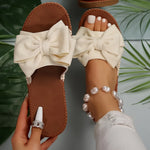 2025 Summer New Elegant Women'S Bow Tie Flat Thong Sandals, Lightweight Solid Color Slippers, -Slip Beach, Fashion Bow Design Convenient Opening-Slip Summer Sandals