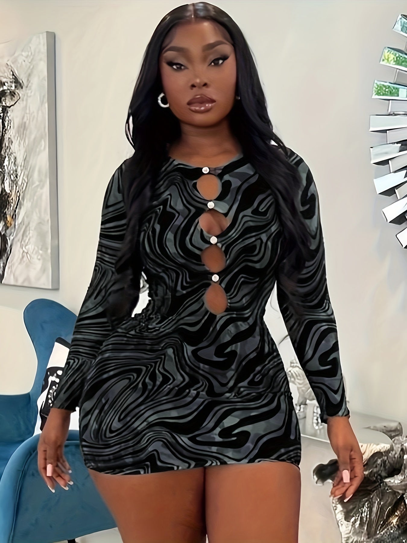 Elegant & Sexy Women's Bodycon Dress - Long Sleeve, Round Neck, Camo Print, Stretch Fabric, Machine Washable