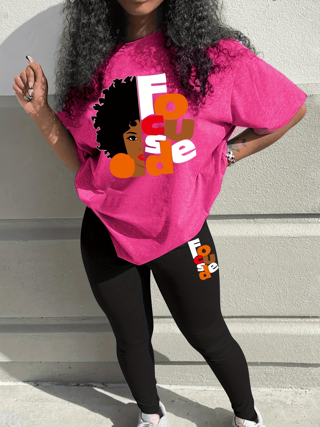 graphic print two piece set, short sleeves & pants, Women's clothing