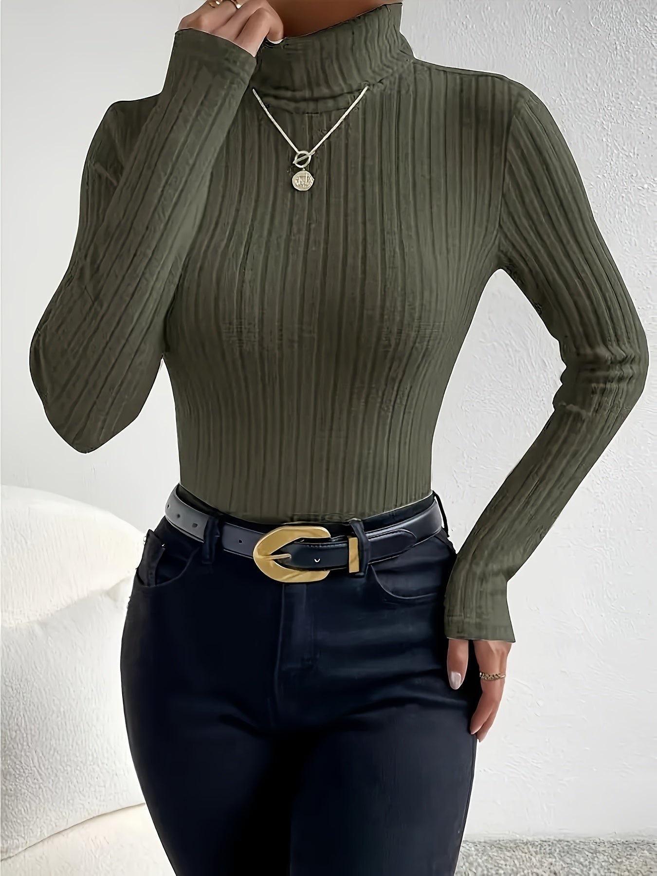 Elegant Women's Long Sleeve Turtleneck Top - Ribbed Knit, Stretchy Polyester Blend, Machine Washable - Perfect for Fall/Winter