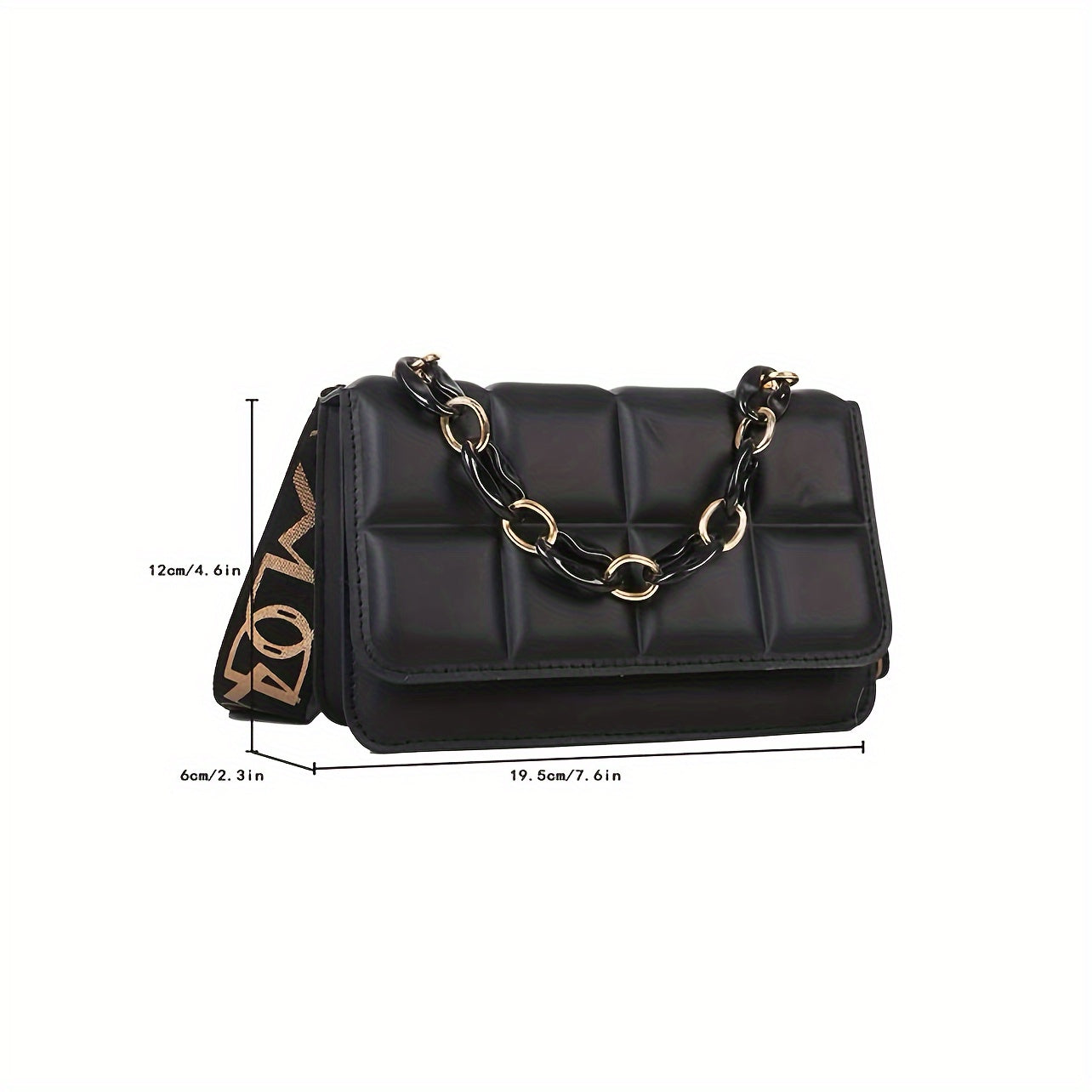 Black Synthetic Leather Mini Plaid Crossbody Bag with Adjustable Strap & Golden-Tone Chain Detail - Stylish Women’s Handbag for Everyday Use, Mini Purse