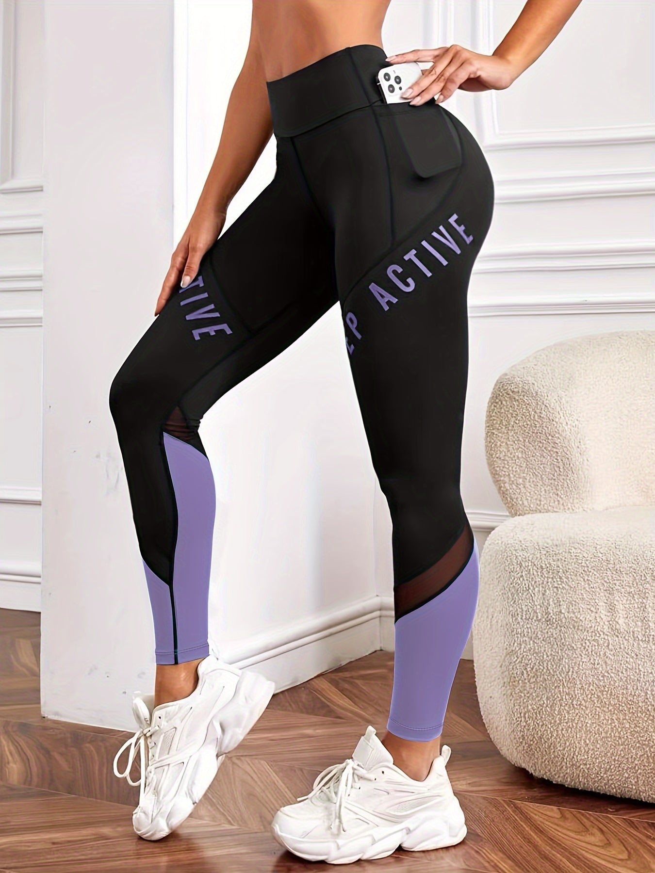 Casual Women'S Color-Blocked Mesh Patchwork Letter Print Pocket Comfortable Elastic Waist Versatile Tight Yoga Leggings.