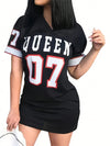 Women's Elegant V-Neck Short Sleeve Letter Print Midi Dress - Stretchy Polyester Blend, Black with "QUEEN 07" Design, Form-Fitting Mid-Length Dress for All Seasons