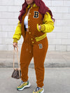 Two-piece Set, Button Front Varsity Jacket & Drawstring Jogger Pants Outfits, Letter Pattern Casual Women's Clothing