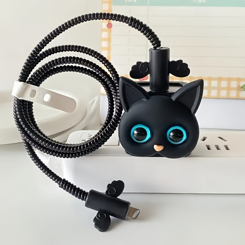 5-Pack Cute Cat Pattern Charger Protector, 18/20W Fast Charging Head Anti-Break Cable Organizer, TPU Material, No Battery, Ideal Gift for Boyfriend/Girlfriend