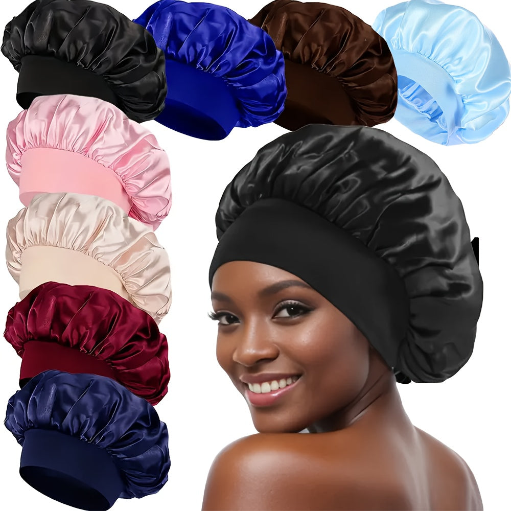 8-Pack Satin Bonnet Caps for Women - Elastic Wide Band, Reusable Hair Protection Sleep Caps for Curly and Natural Hair, Unscented Shower Caps