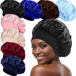 8-Pack Satin Bonnet Caps for Women - Elastic Wide Band, Reusable Hair Protection Sleep Caps for Curly and Natural Hair, Unscented Shower Caps