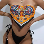 Paisley Print Napkin Shape Trim Bandeau Strapless Tube Top Tie Side Tassels Deco High Cut Two Piece Bikini Sets Swimsuit, Women's Swimwear for carnival & Music Festival