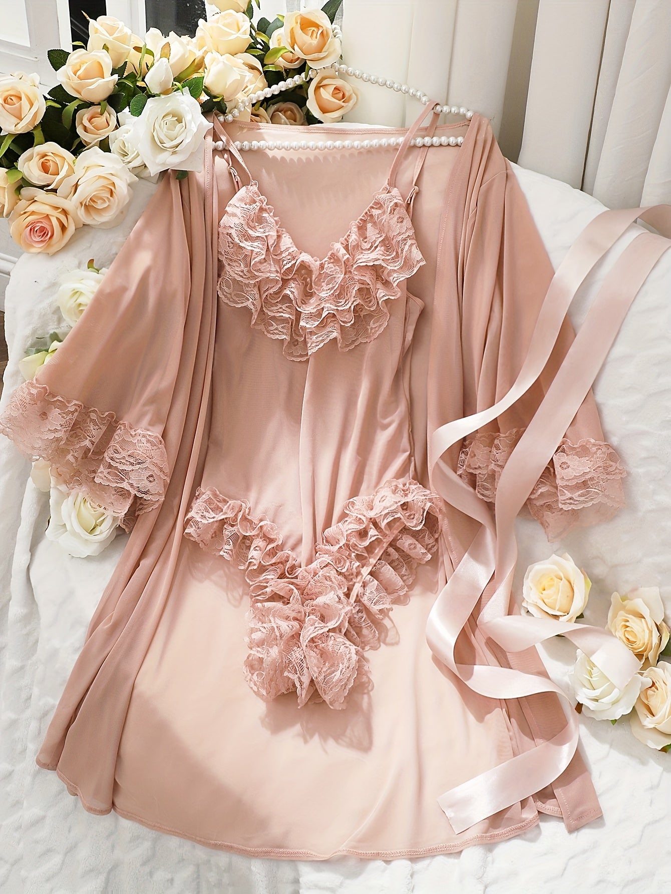 Solid Contrast Lace Lingerie Set, V Neck Bodysuit & Robe, Women's Sexy Lingerie & Underwear