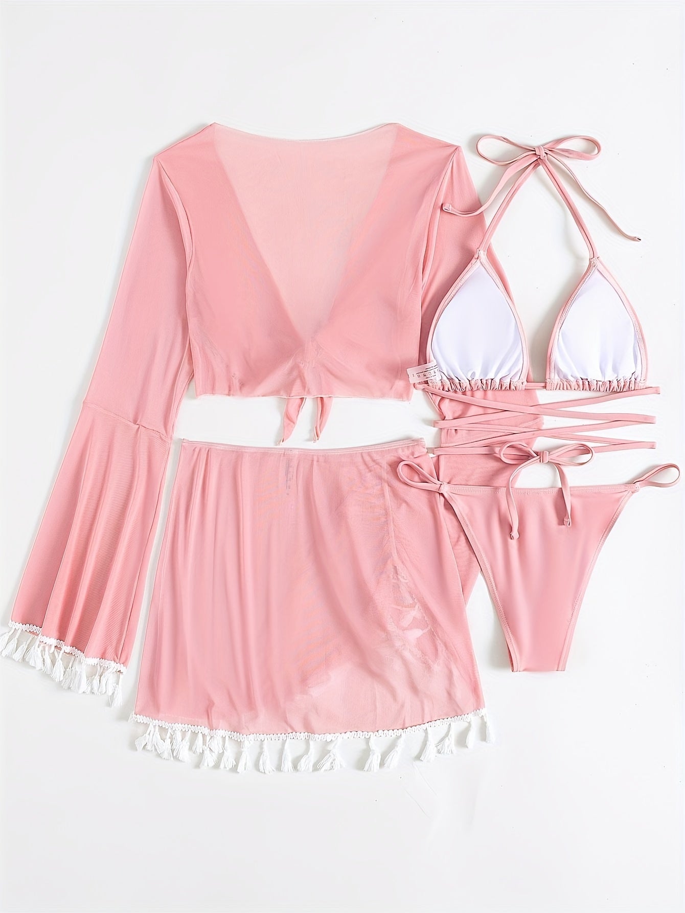 Chic 4pcs Women's Bikini Set with Long Sleeve Cover-Up & Skirt - Halter Neck, High Stretch Nylon Blend, Machine Washable
