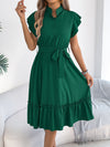 Stand-collar Ruffled Shirt Dress With A Tie Waist