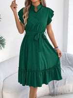 Stand-collar Ruffled Shirt Dress With A Tie Waist