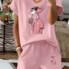 2025 Summer New, Pink Cartoon Animal Drinking Pattern T-Shirt, Casual Printed Round Neck Short Sleeve Top Elastic Elastic Waist Pocket Shorts Women's Two Piece Suit