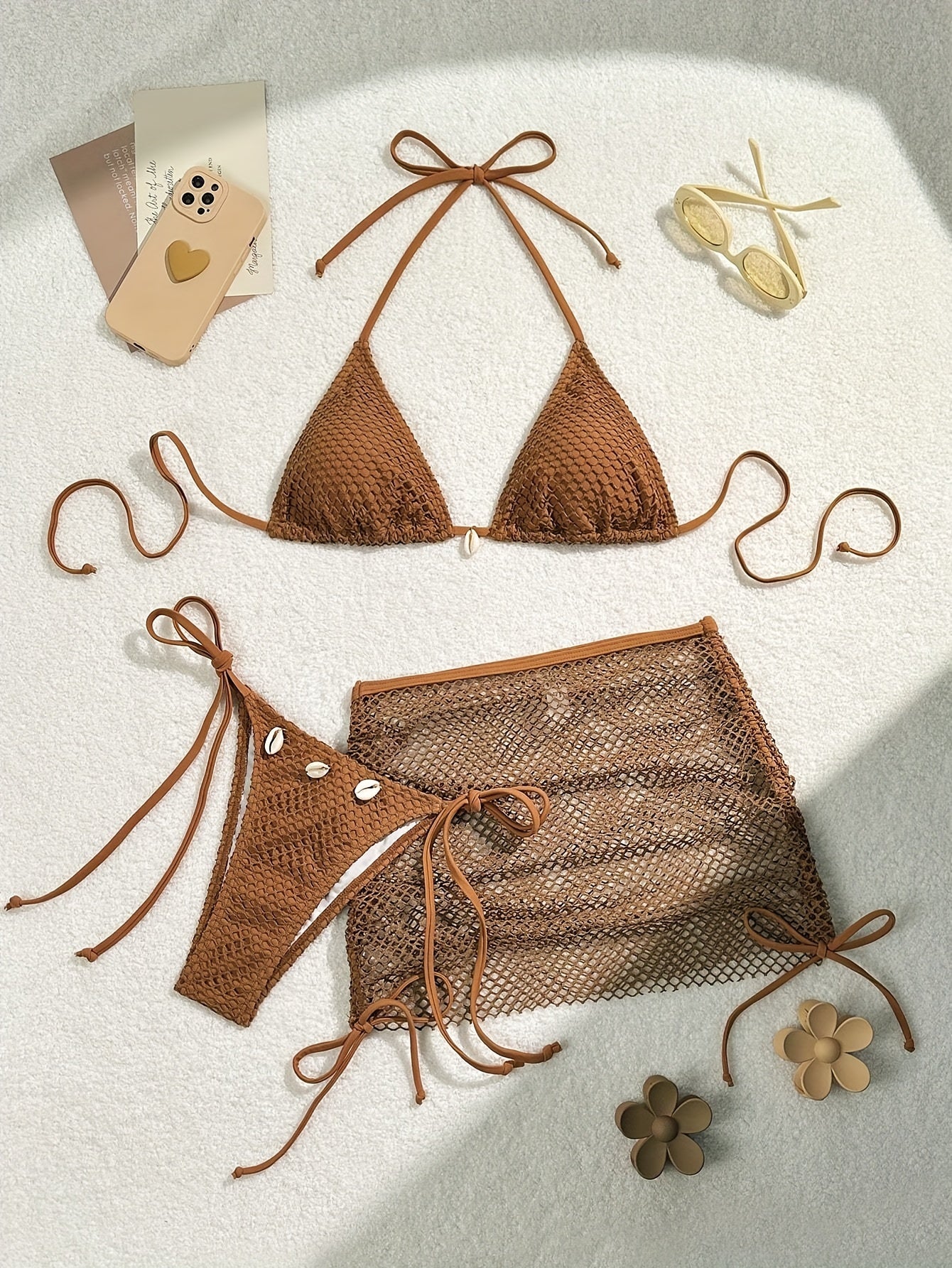 Solid Color Mesh 3pcs Bikini Set, Shell Ornaments, Triangle Tie Neck, Semi-Transparent Hip Skirt, Sexy and High Elasticity, Suitable for Beach Vacation!