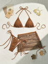 Solid Color Mesh 3pcs Bikini Set, Shell Ornaments, Triangle Tie Neck, Semi-Transparent Hip Skirt, Sexy and High Elasticity, Suitable for Beach Vacation!