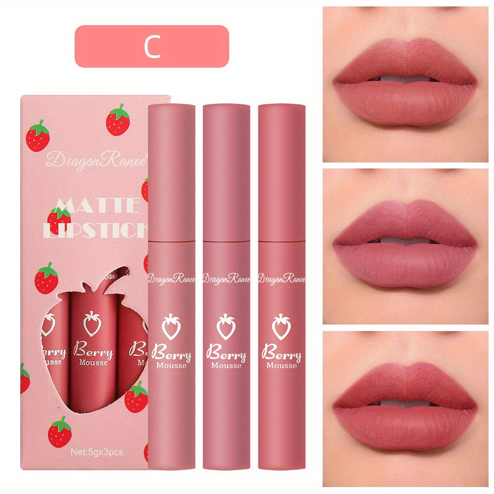 3-Color Velvet Matte Liquid Lipstick Set – Long-Lasting, Lightweight, Non-Stick Lip Color with Soft Finish, Perfect Valentine's Day Gift