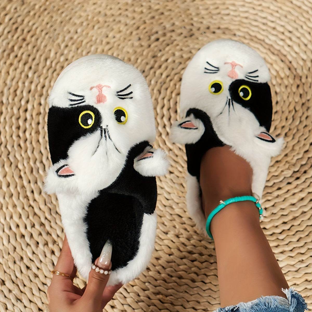 Cute Cartoon Cat Design Slippers, Casual Slip On Plush Lined Shoes, Comfortable Indoor Home Slippers