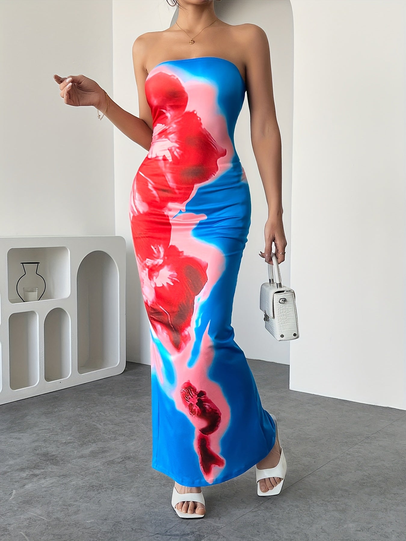 1pc Women's Romantic Floral Print Bandeau Dress, Sexy Polyester Knit Fabric with Split Detail, All-Season Strapless Maxi Dress for Adults