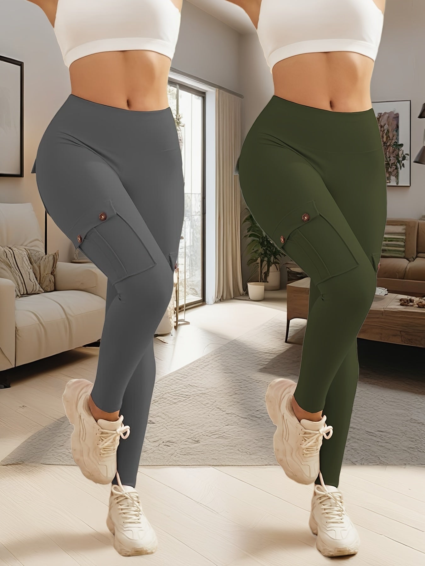 2pcs high-waisted yoga leggings with 4-button pockets, multi-pack butt-lifting and abdominal fitness running four-way elastic work pants, 2pcs leggings set