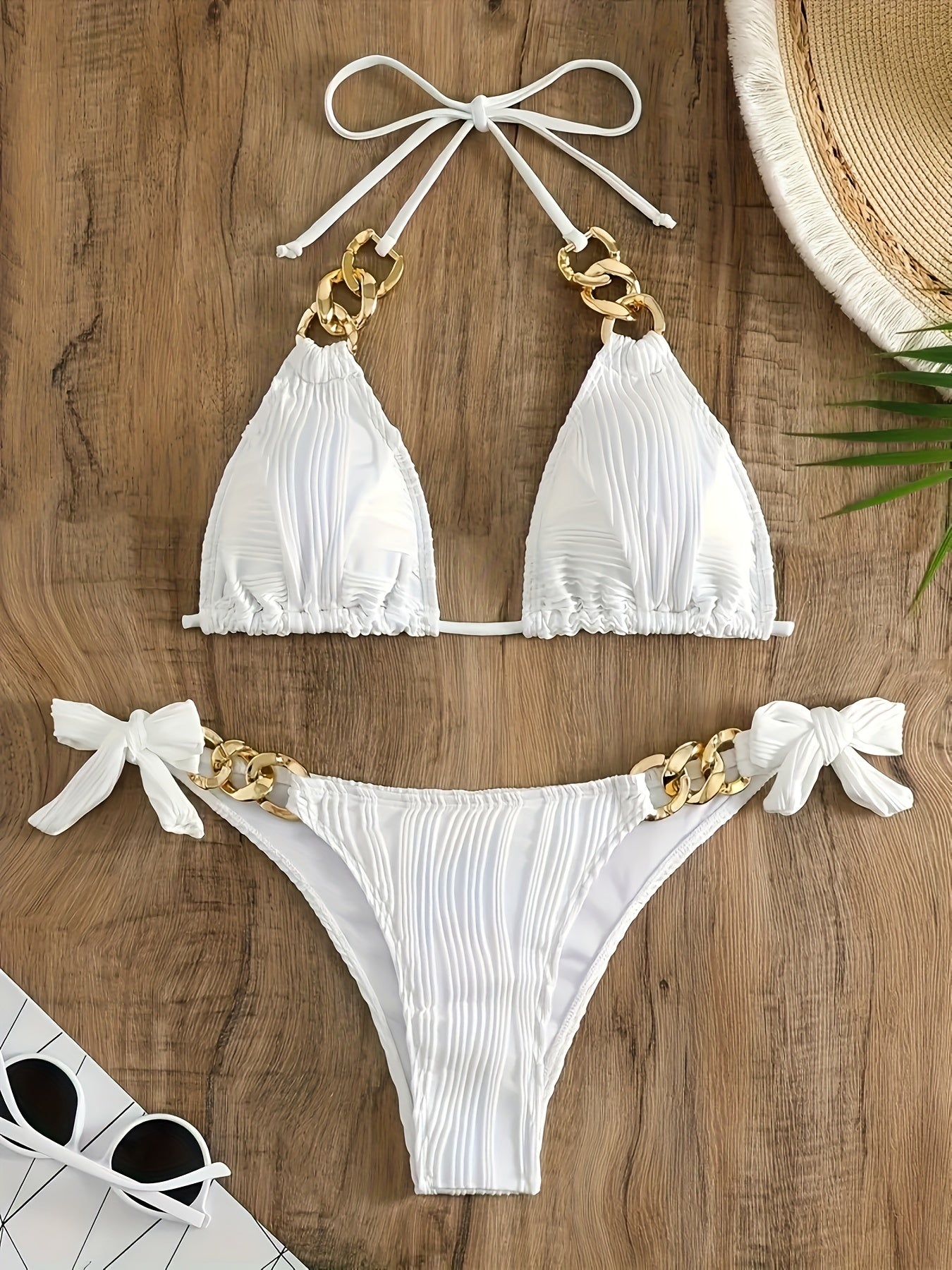Golden Chain Link Charming Halter Neck 2pcs Bikini Set with Bow Side Triangle Tie-Neck Swimsuit, Women's Swimwear and Apparel
