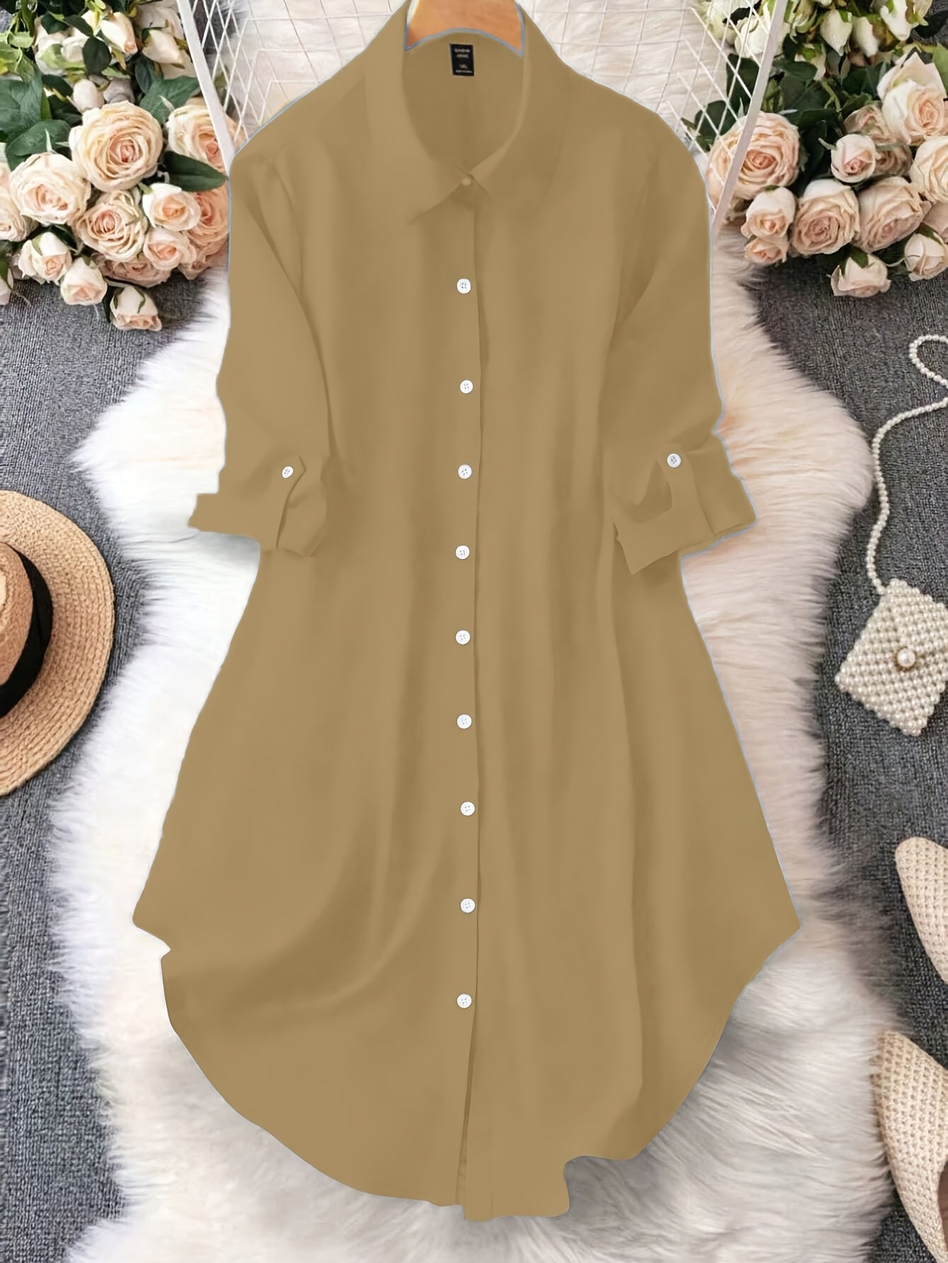 Women'S Light Blue Dress Shirt with Front Buttons and Sleeves - Casual Crew Neck, Long Sleeve, Solid Color, Polyester, Perfect for Spring and Fall, Ladies Dress