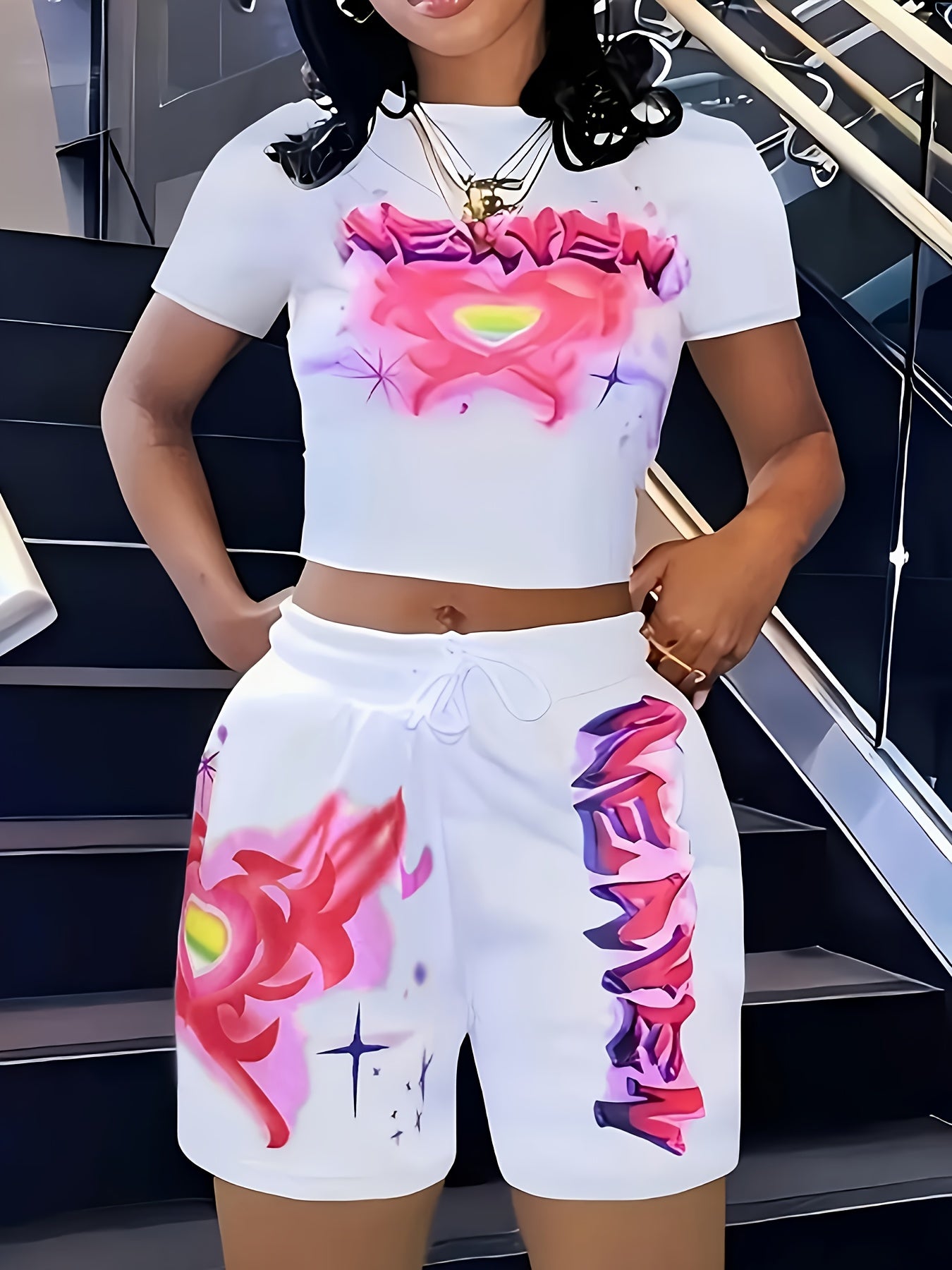 Patterned Women's Heart and Letter Print Short Sleeve Top and Waist Shorts Two-Piece Set