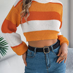 [Cozy Acrylic Crop Sweater for Women] Chic Color Block Striped Lantern Sleeve Crop Sweater - Cozy Acrylic Knit for Women, Perfect for Fall/Winter Vacations