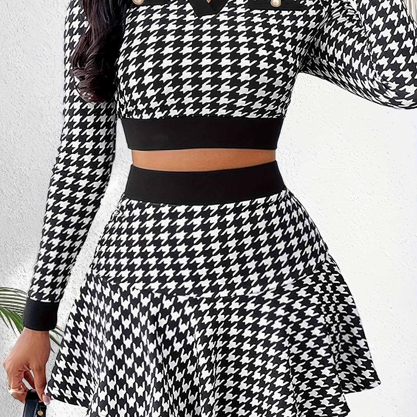 [Machine Washable] Elegant V-Neck Long Sleeve Jacket & A-Line Mini Skirt Set - Machine Washable Polyester & Elastane - Chic Autumn/Winter Ensemble for Women