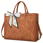 NEWHEY Women's Laptop Briefcase 15.6-inch Laptop Tote High Quality Computer Handbag Business Lightweight Office Briefcase Large Capacity Tote Shoulder Bag with Scarf, Brown