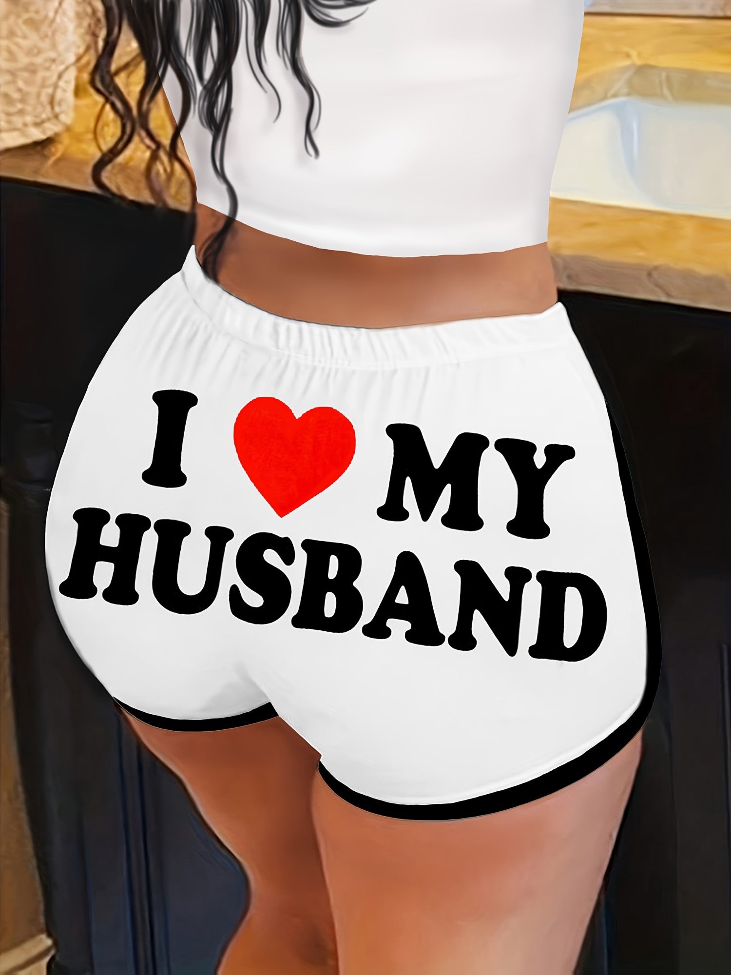 Women'S "I Love My Husband" Letter Print Elastic Waist Shorts - Casual, Stretchy, and Comfortable for Spring & Summer, Perfect for Casual Attire