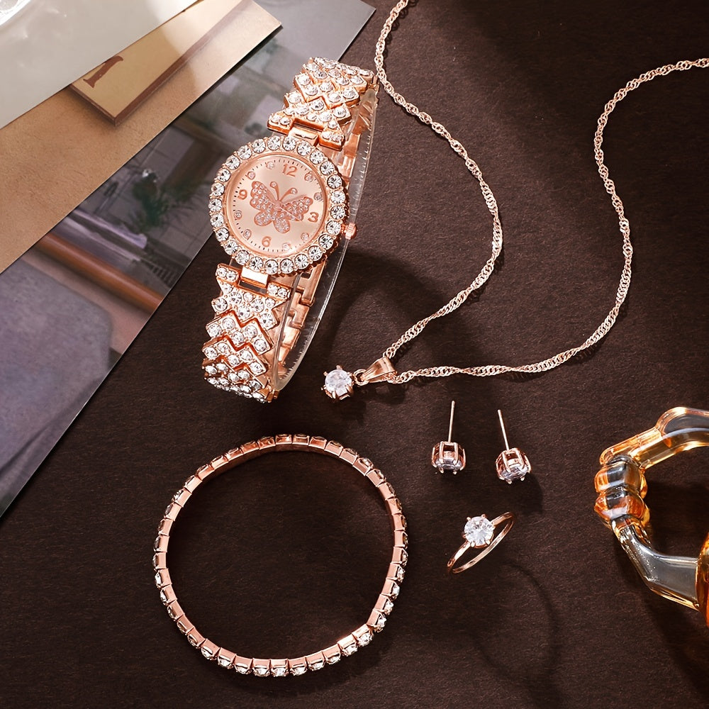 6pcs Women'S Fashion Elegant Quartz Watch, Rose Golden, Zinc Alloy Strap, Round Dial, Zinc Alloy Case, Necklace Earrings Ring Bracelet Gift Set