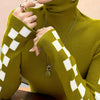 Elegant Red & White Checkered Turtleneck Sweater for Women - Slim Fit, Casual Knit Pullover with Contrasting Trim, Perfect for Fall/Winter