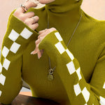 Elegant Red & White Checkered Turtleneck Sweater for Women - Slim Fit, Casual Knit Pullover with Contrasting Trim, Perfect for Fall/Winter