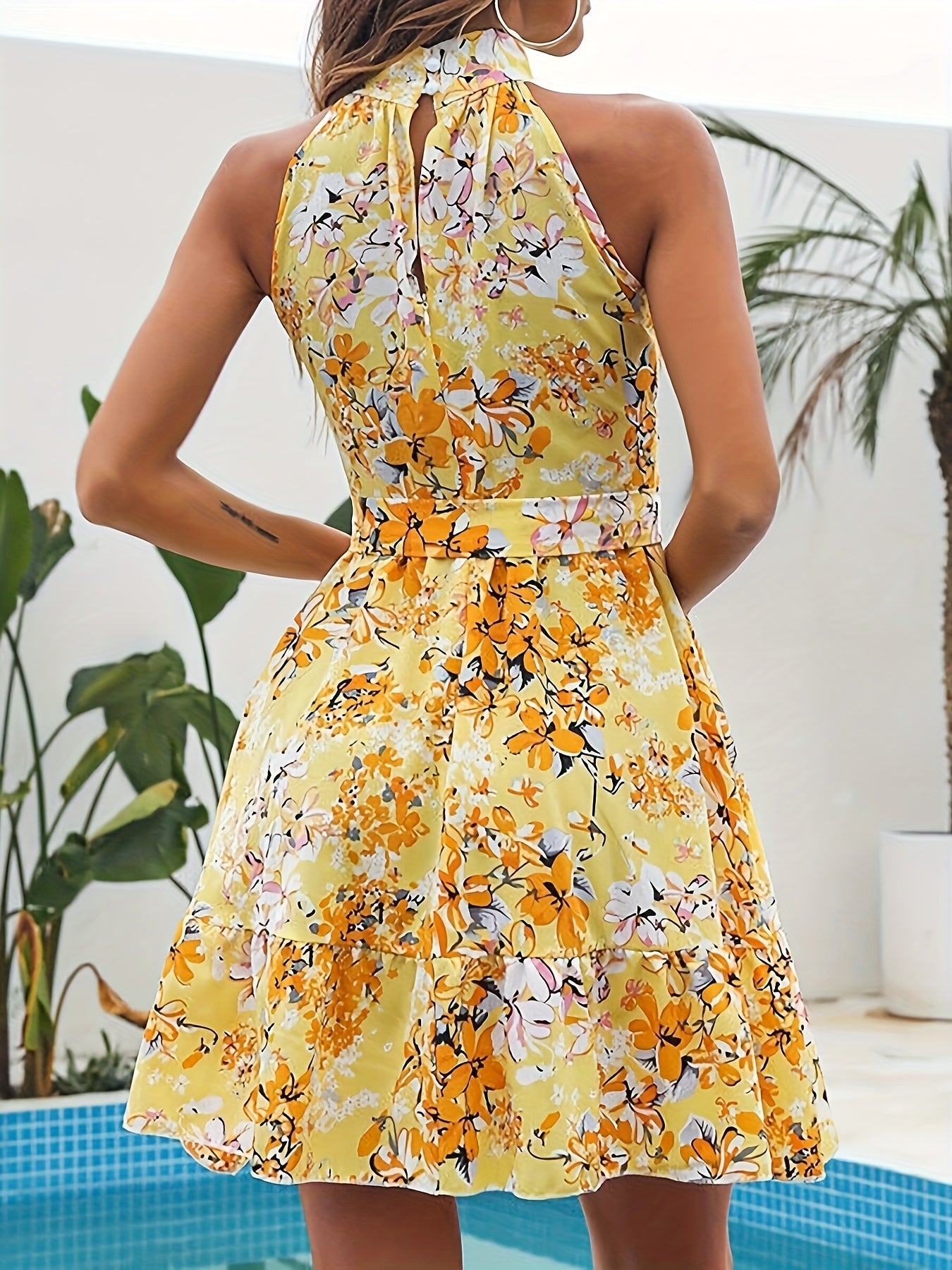 Summer Vibes | Chic Womens Yellow Floral Chiffon Summer Dress - Sleeveless Halter Top With Ruffle Detail, Flowy Knee-length Jumpsuit, Perfect For Casual Wear