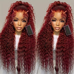 Kinky Curly Lace Front Wigs Synthetic Burgundy 13x4x1 T Part HD Transparent Lace Long Afro Curly Bouncy Hair 30 Inch Natural Wine Red Color Hair Heat Friendly For Women Girls Party Daily Makeup Use Ready To Wear 180% Full Den
