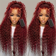 Kinky Curly Lace Front Wigs Synthetic Burgundy 13x4x1 T Part HD Transparent Lace Long Afro Curly Bouncy Hair 30 Inch Natural Wine Red Color Hair Heat Friendly For Women Girls Party Daily Makeup Use Ready To Wear 180% Full Den