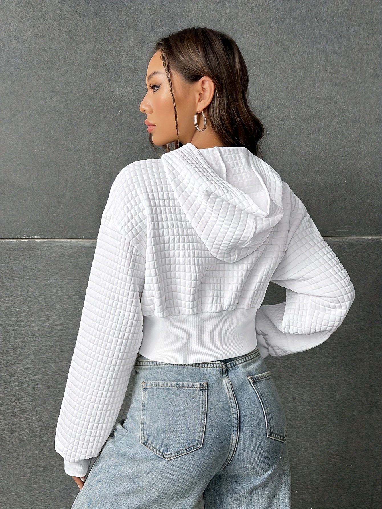 Lace Up Crop Drop Shoulder Hoodie, YOUNG Long Sleeve Hoodies Sweatshirt, Women's Clothing
