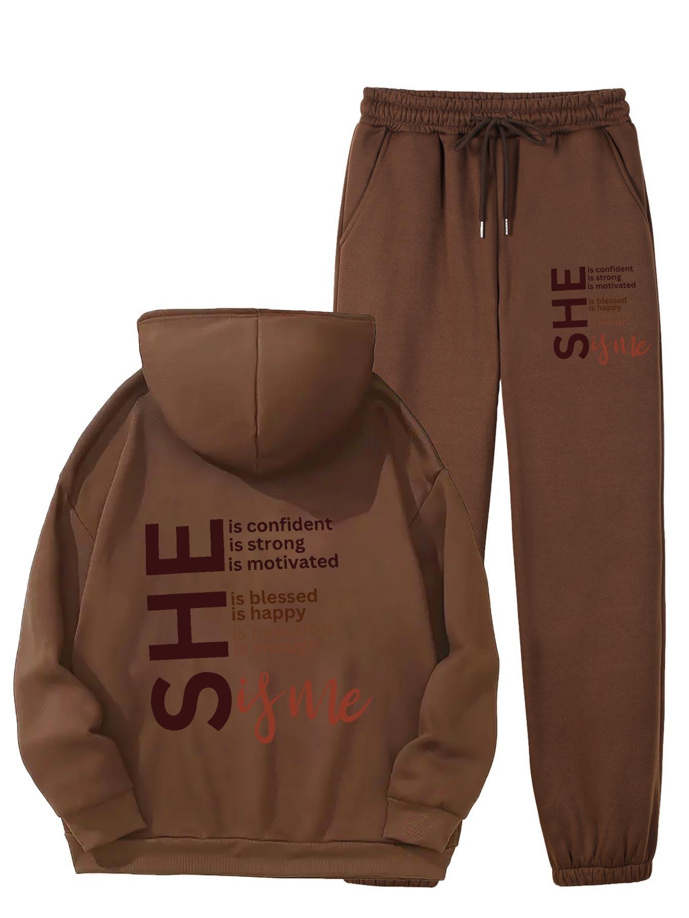 Cozy Fleece-Lined Women's Hoodie & Sweatpants Set with Letter Print - Machine Washable, Pocket Detail, Polyester