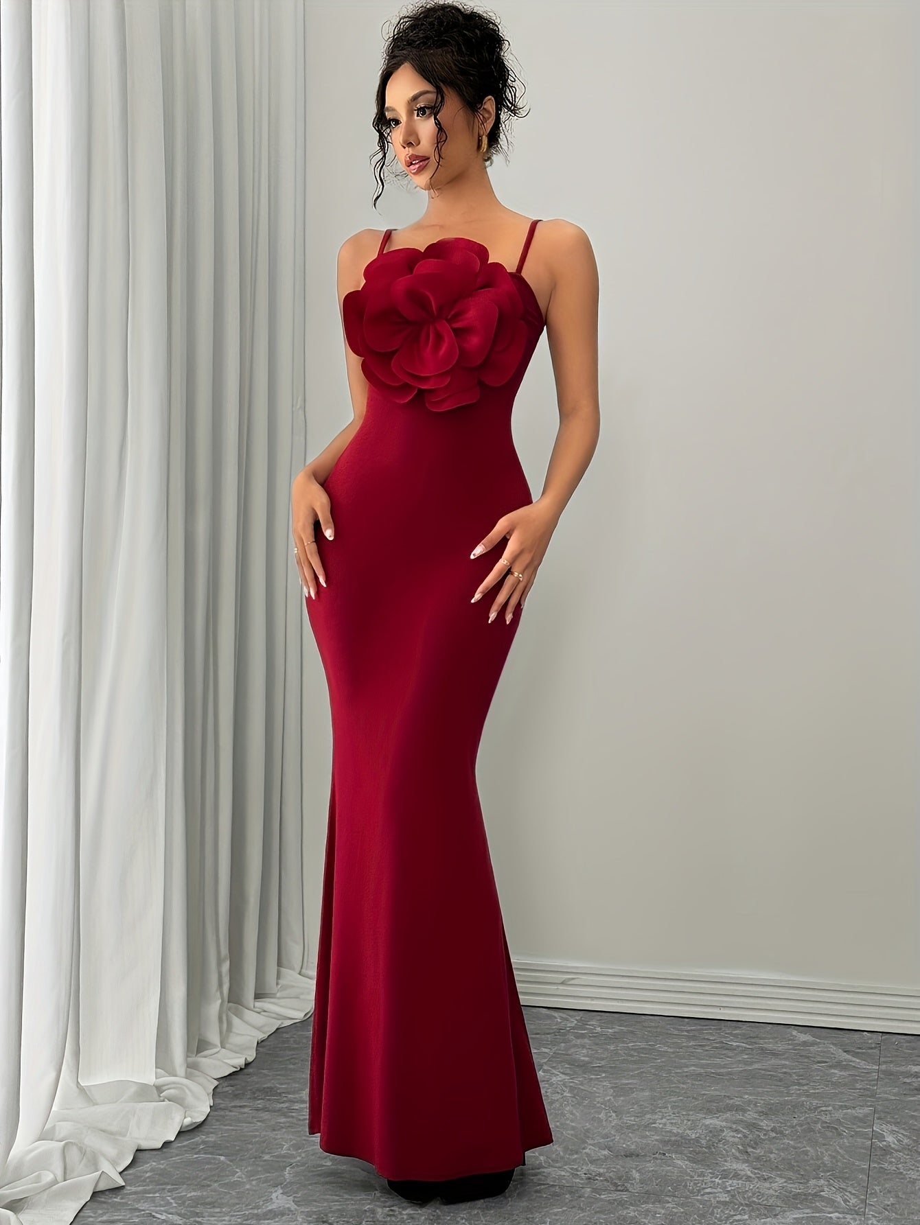 Women'S Stylish Red Off-Shoulder Gown with Large Floral Embroidery - Polyester, Bodycon Fit, Knit Fabric, Perfect for Adult, All Season, Elegant Evening Wear, Floral Embroidery Dress | Offshoulder Gown | Knit Fabric Gown