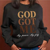 1pc Women's "God Got Me" Graphic Crew Neck Sweatshirt - Cozy Knit Long Sleeve Pullover for Fall/Winter, Black Casual Top with Inspirational Message, Machine Washable, Cute Sweatshirts