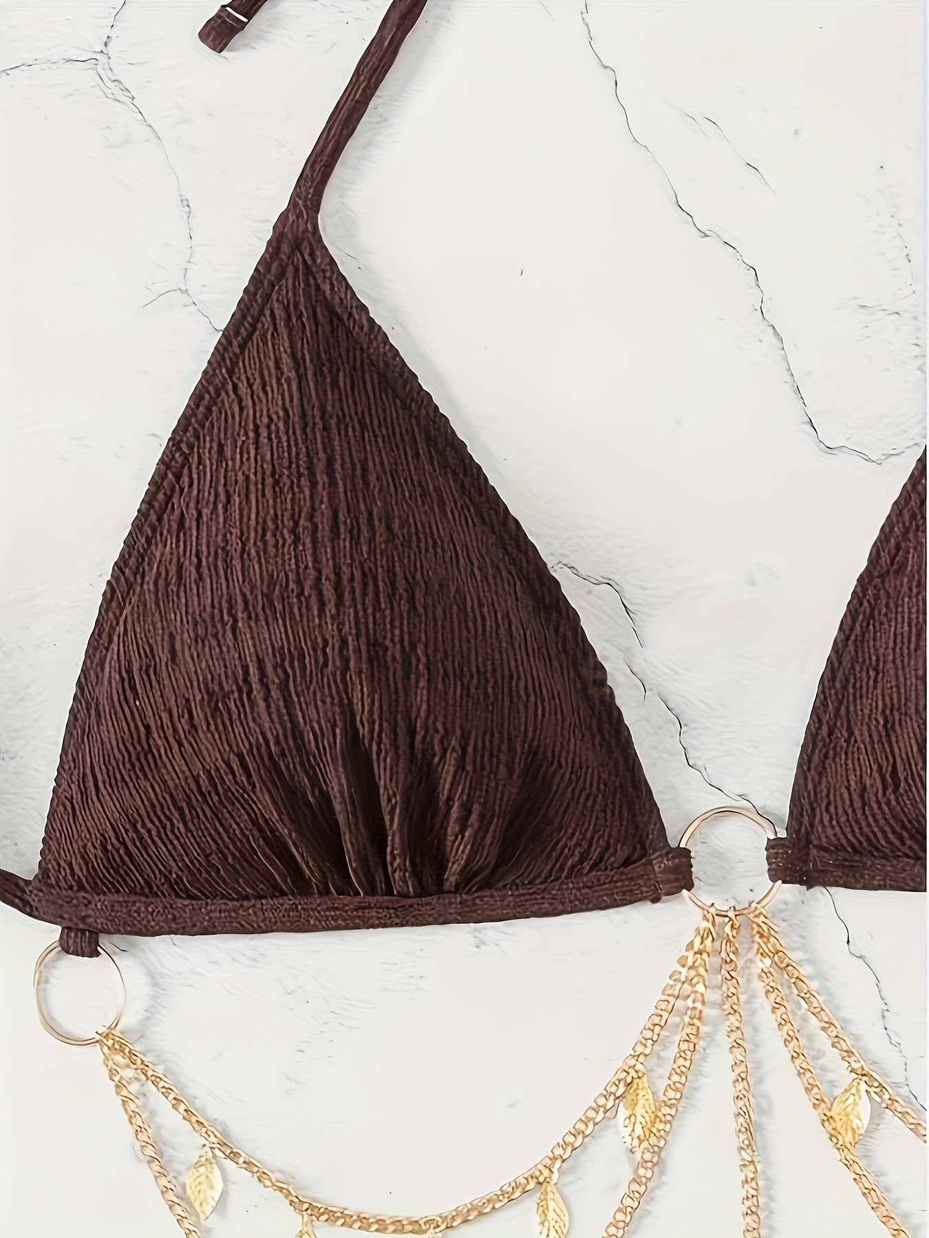 Sexy Women'S Split Bikini Swimsuit With Golden Chain Solid Color