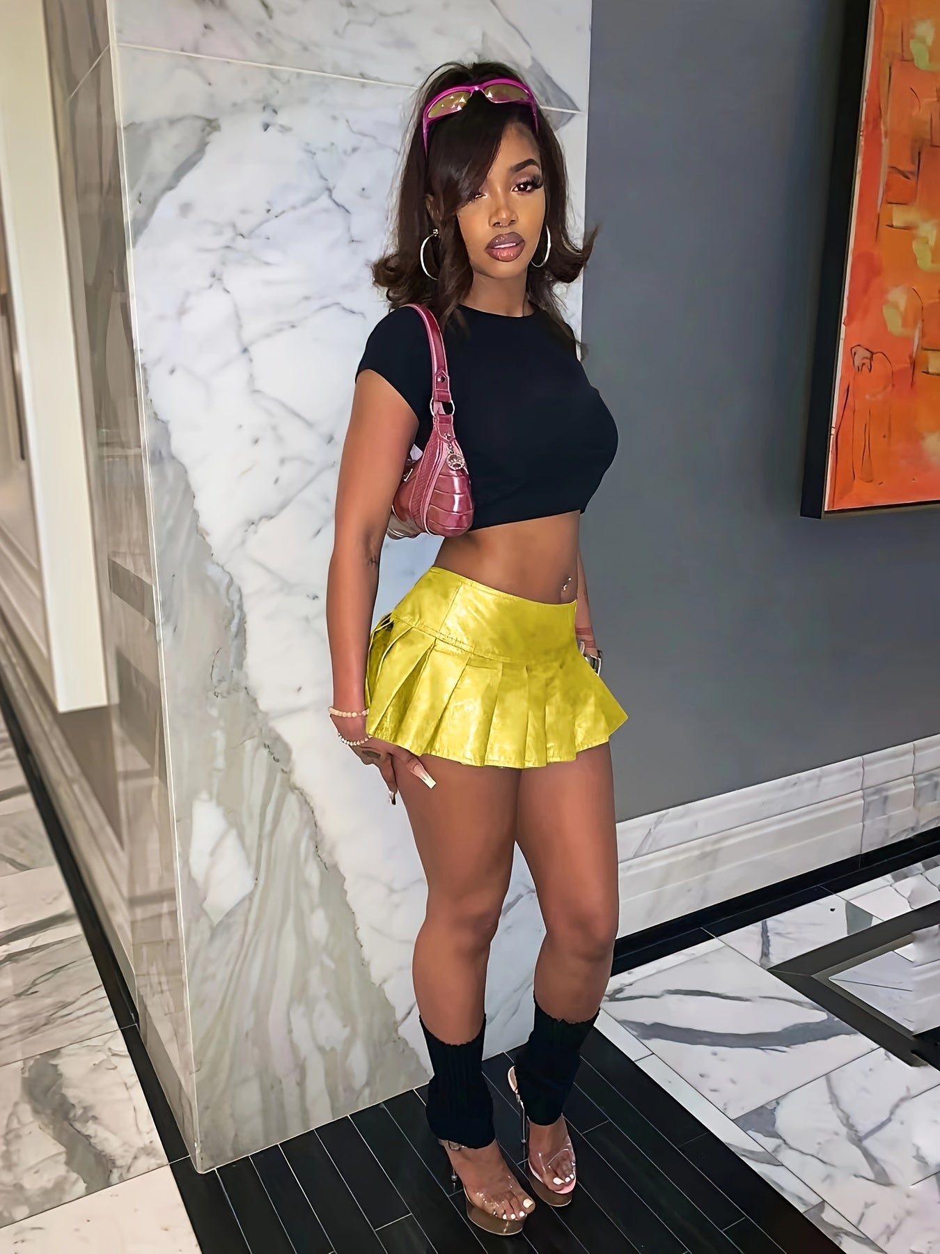 Sexy Faux Leather Pleated Mini Skirt - Flattering Solid Color, Flowy, Knee-Length, Spring & Summer Essential, Women's Fashion Clothing for Chic Ladies