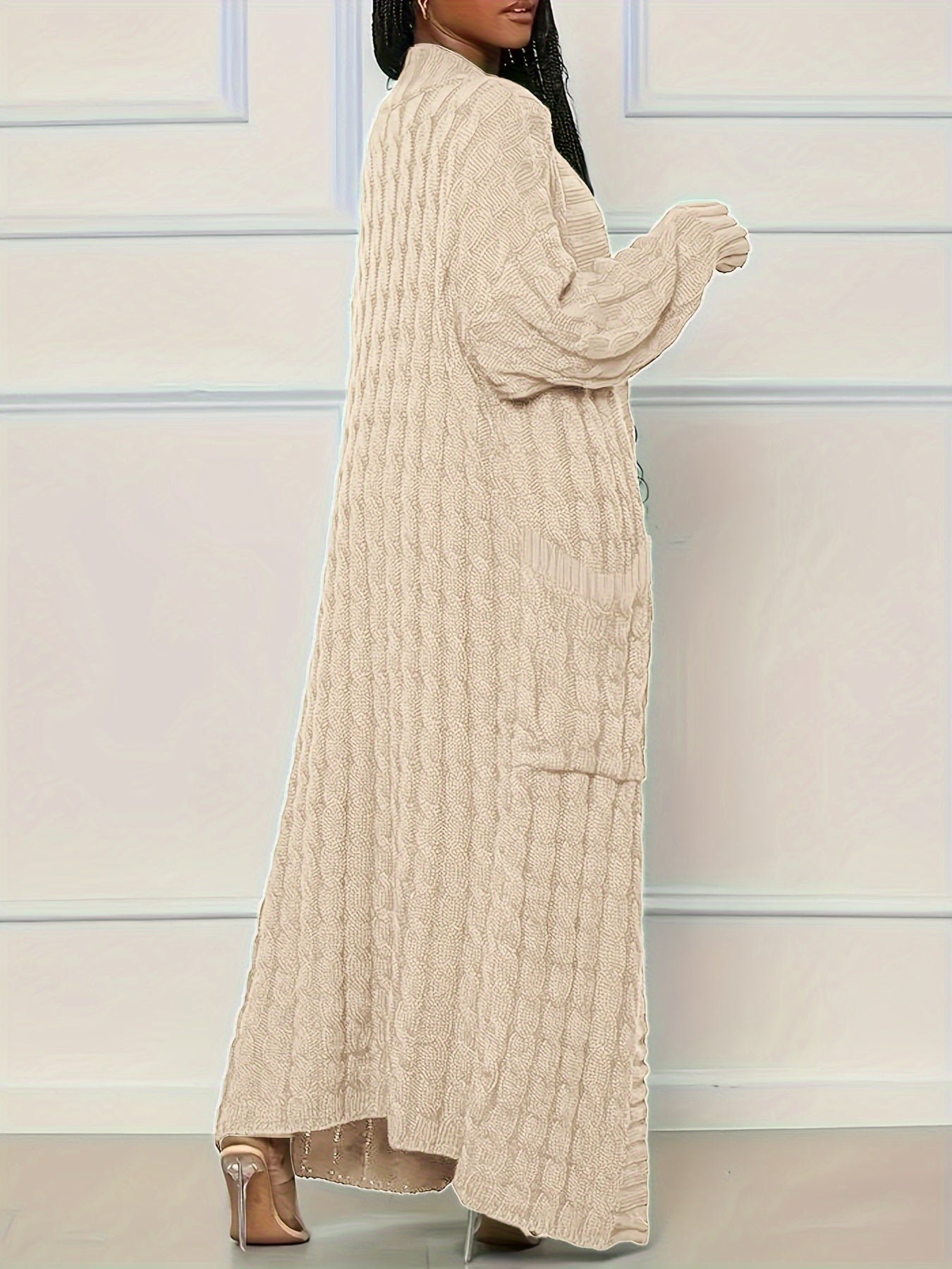 [Polyester Knit Cardigan] 100% Polyester Women's Casual Knit Cardigan - Solid Color Long Sleeve Open Front Sweater with Pockets - Versatile Knitwear for All Seasons