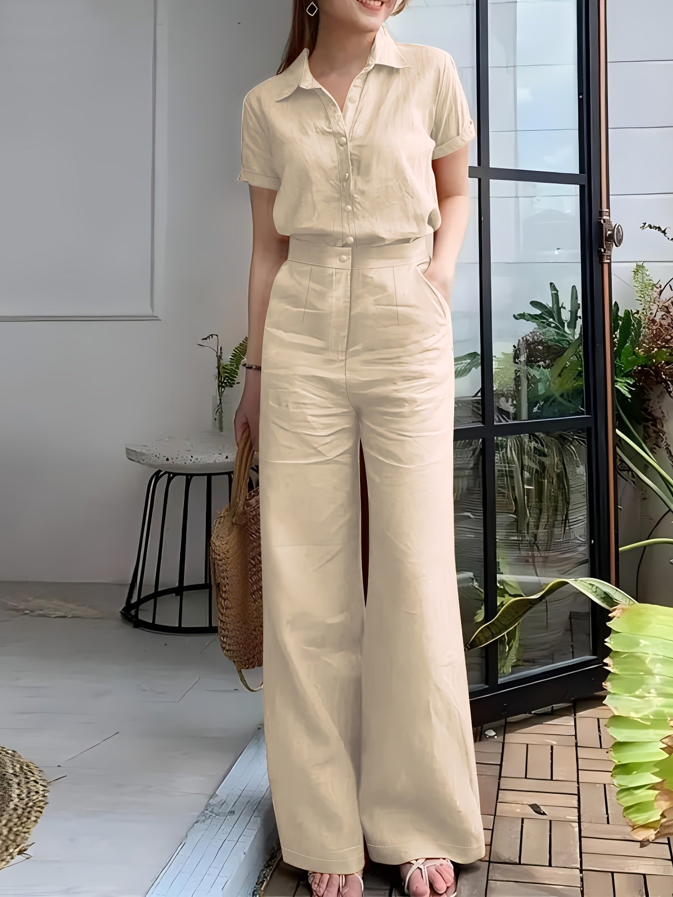 Women'S Solid Color Short Sleeve Shirt and Long Pants Elegant Two-Piece Set