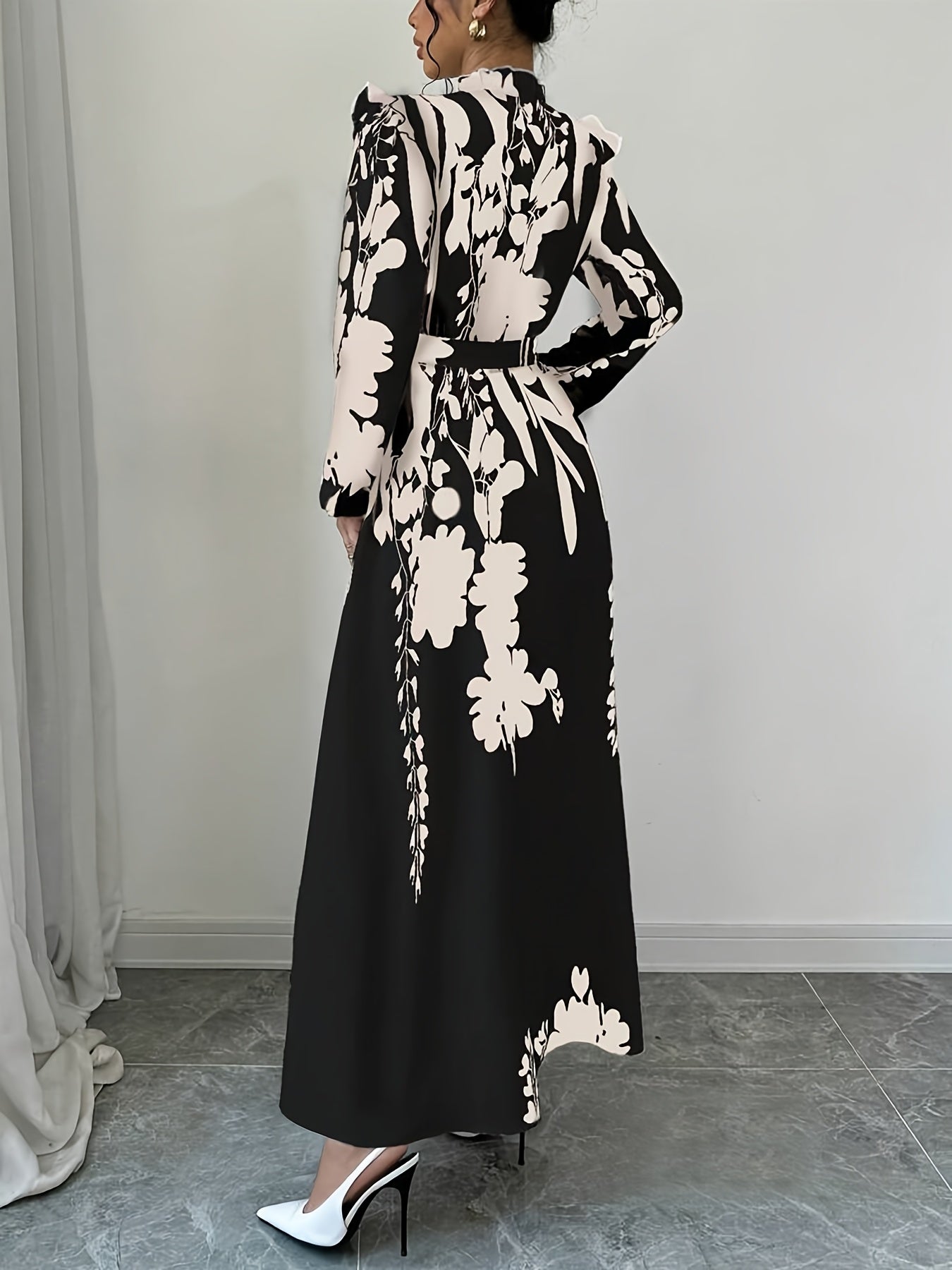 Long Sleeve Polyester A-Line Maxi Dress with Elegant Floral Print, Stand Collar, Waist Detail, Lantern Sleeves, and Ruffle Hem for Spring/Fall