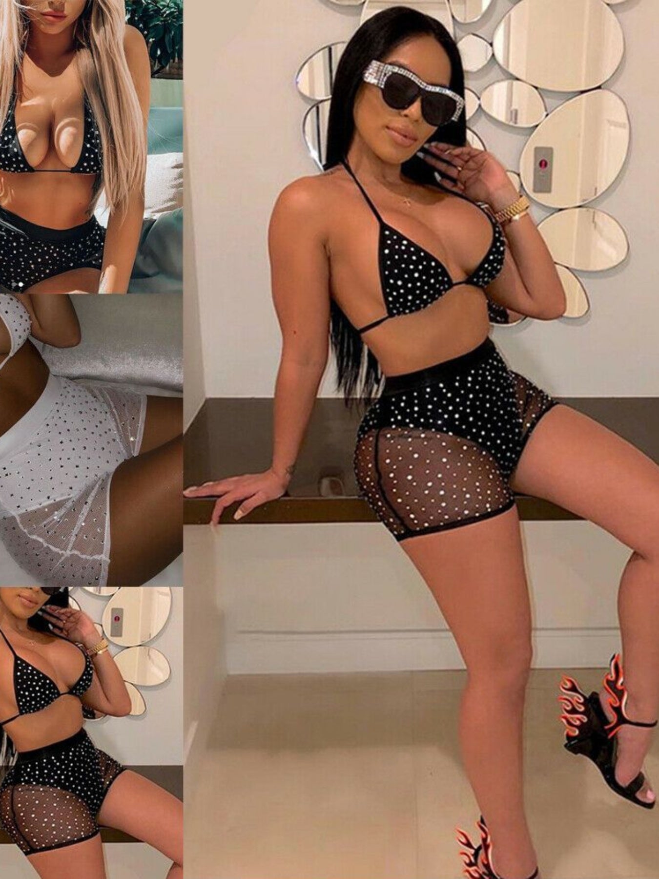 2pcs Women Sexy Lingerie Rhinestones Halter Triangle Bra Mesh See Through Short Pants Underwear Set