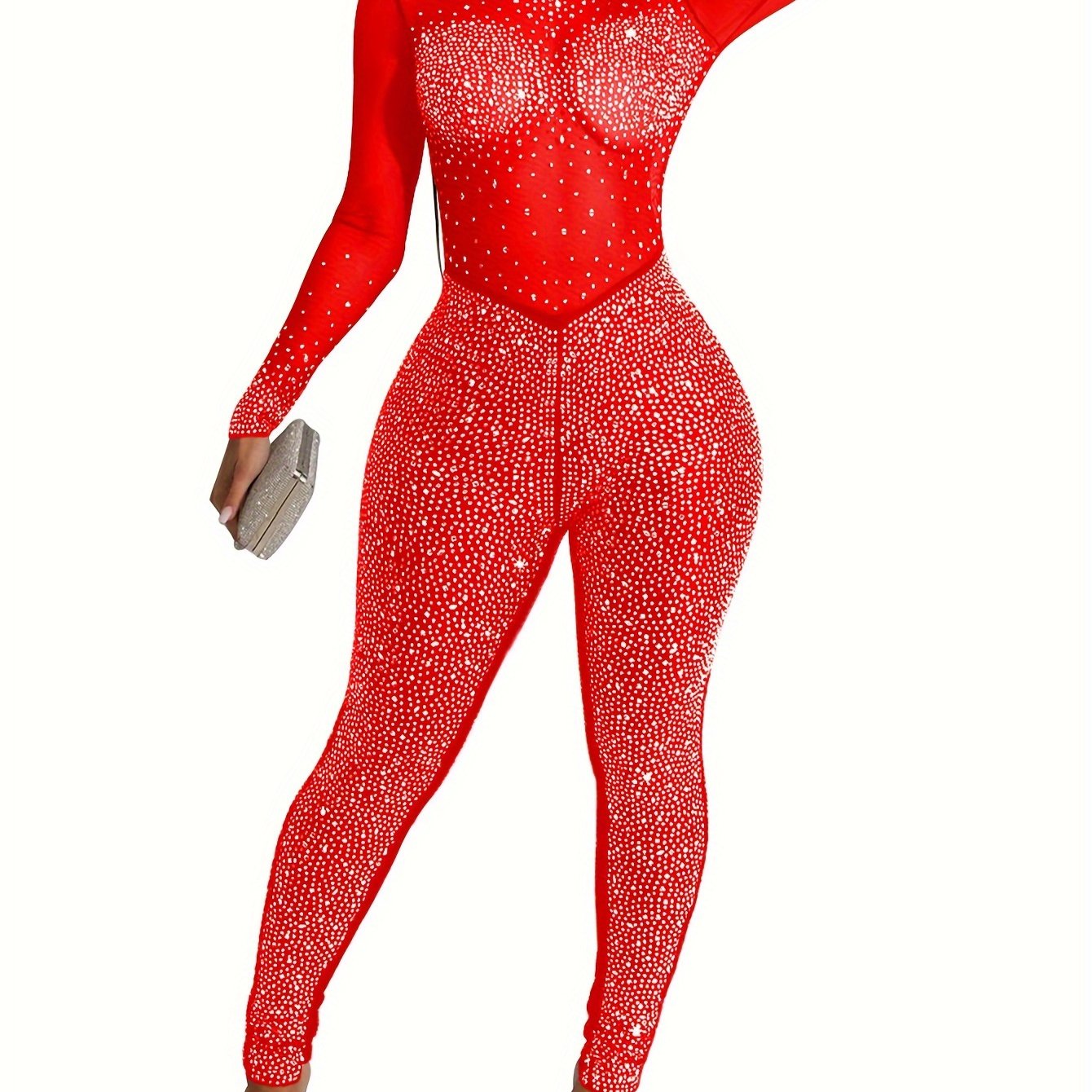 Solid Color Stand Neck Jumpsuit, Y2K Mesh Rhinestone Long Sleeve Jumpsuit For Spring & Summer, Women's Clothing