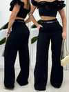Women's Elegant Black Straight-Leg Pants with Golden Belt & Ruffle Detail - High-Waisted, Machine Washable, Polyester Blend for Spring/Fall, Formal Attire Pants | Waisted Belt Pants | Woven Fabric