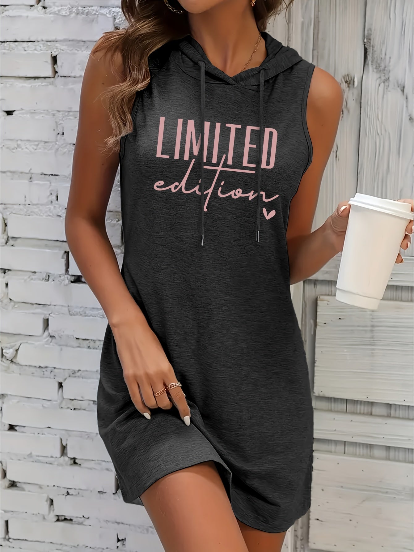 Women's LIMITED EDITION Graphic Hooded Dress - Summer Casual Short Sleeve Fitted Dress with Heart Details, Machine Washable & Versatile for Casual Attire, Relaxed Style, Trendy Fashion, Stretchy Material, Fashion Lovers