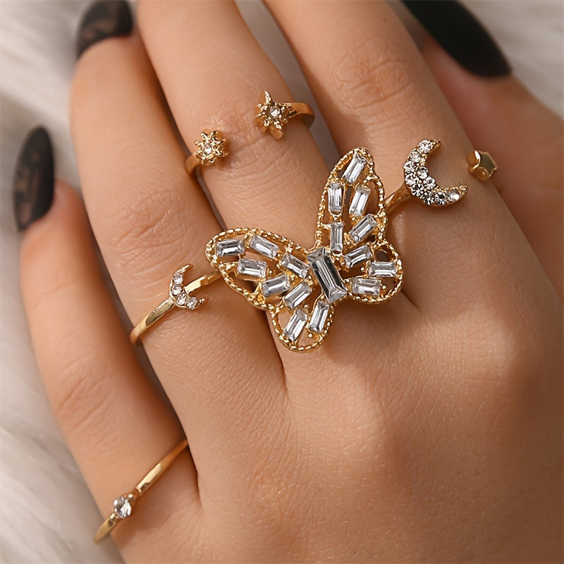 Set of 5 Stylish And Unique Women's Rings Featuring Creative Vintage Golden Butterfly Designs with Embedded Rhinestones And Geometric Open Joint Rings.